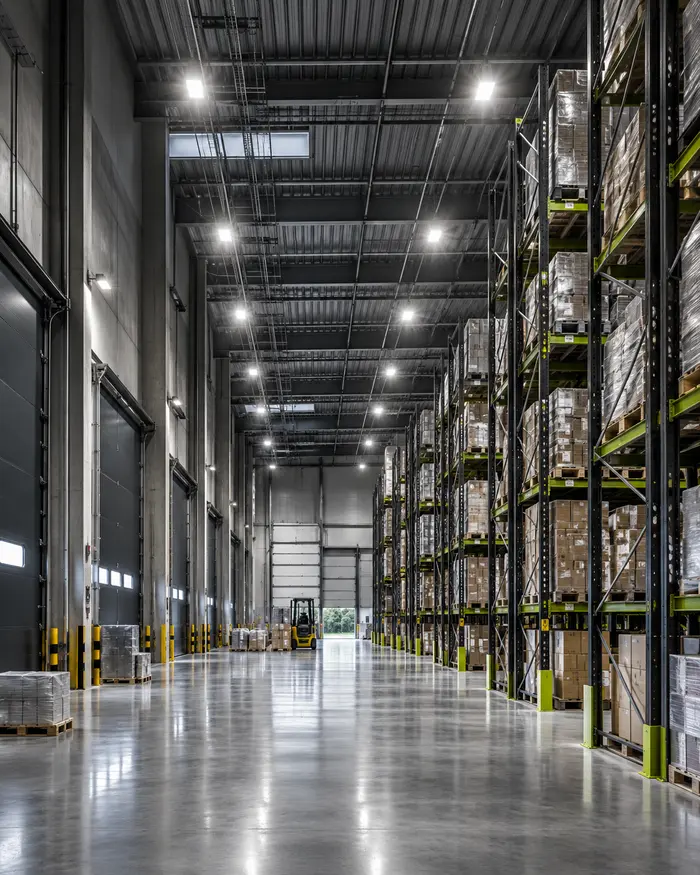 Entrepôt moderne sous luminaires LED industriels